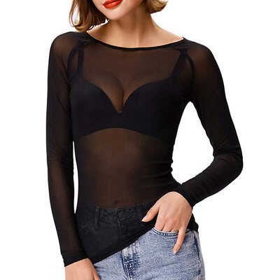 

Nomeni Women See-Through Long Sleeve Seamless Arm Shaper Top Mesh Shirt Blouse