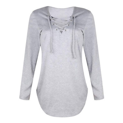 

2019 T-shirts Autumn Fashion Women Long Sleeve Winter Sexy Deep V Neck Bandage Shirts Women Lace Up Tops Tees Clothes Solid