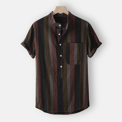 

Tailored Mens Summer Fashion Stand Collar Strip Print Short Sleeve Shirt Top