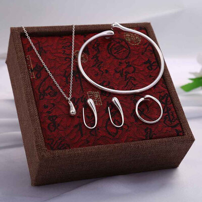 

Fashion Wedding Bridal Jewelry Set Stamped Silver Water Drop BanglesNecklaceRingsEarrings Sets for Women
