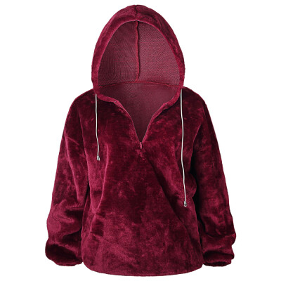 

Hooded Long Sleeve Faux Fur Solid Color Zipper Loose Women Hoodie