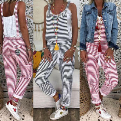 

US Fashion Womens Sports Holiday Strap Stripe Pant Loose Jumpsuit Baggy Trousers