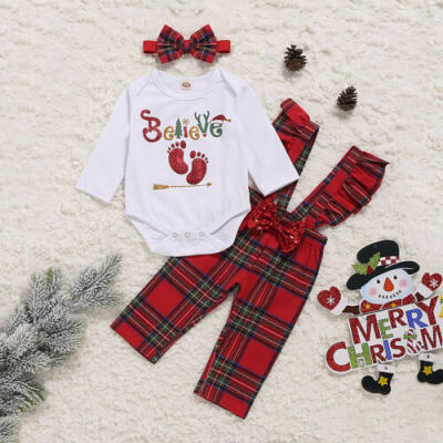 

Newborn Infant Baby Girls My 1st Christmas Tops Romper Bib Pants Outfits Clothes