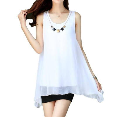 

New Fashion Women Chiffon Blouse Candy Color Sleeveless Irregular Hem Loose Tank Tops Rose