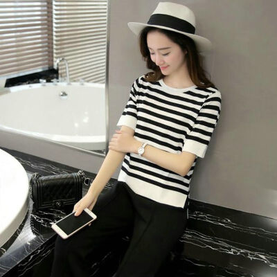 

Womens Short Sleeve Stripe Print O Neck T-Shirt Black White Casual Female Girl Summer Tops t-shirts