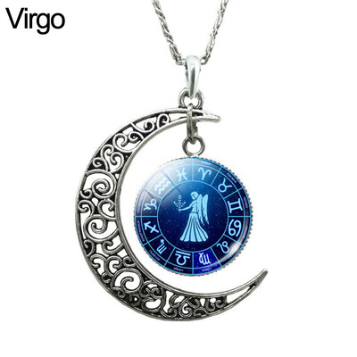 

Unisex Augury Jewelry 12 Constellations Hollow Crescent Moon Faux Gem Necklace