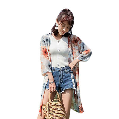 

Summer Womens Blouse Mid-Length Chiffon Print Two Flowers Sun Protection Clothing Seven-Point Sleeve Holiday College Cardigan