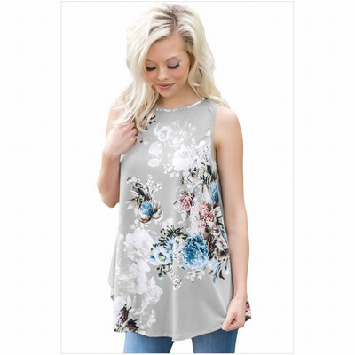 

High-neck sleeveless floral print vest-style casual straight top