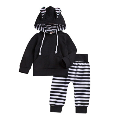 

Autumn Baby Boys Girls Adorable Cartoon Outfits Toddler Warm Hoodie Striped Rabbit Ears Hooded Sweater Pants Set