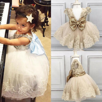 

Sequins Kids Baby Flower Girl Dress Lace Party Bowknot Bridesmaid Dresses