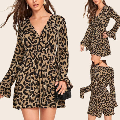 

New Sexy Women Long sleeve Sun Dress Frill Ladies Leopard Print Floral Paisley