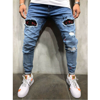 

Men Ripped Hip-pop Skinny Jeans Destroyed Frayed Slim Long Denim Pants Trousers