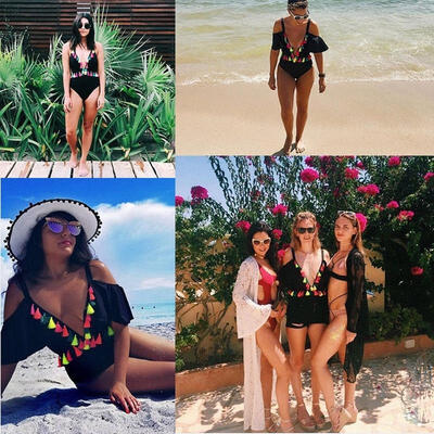 

Sexy New Womens One-Piece Bikinis Bright Tassel Trim Batwing Drape Swimsuits