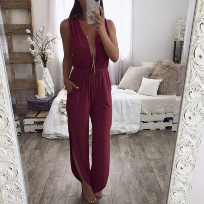 

Starmoon Women Casual Deep V-Neck Solid Bandage Split Hem Romper Sleeveless Jumpsuits