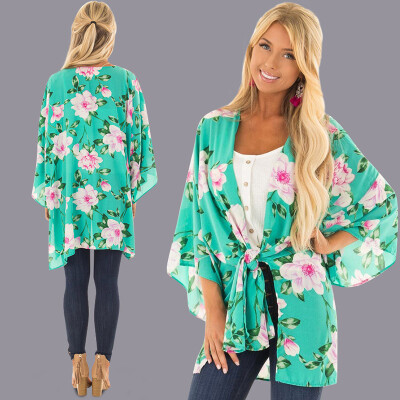 

Women Chiffon Kimono Romantic Floral Print Tide Bow Bandage Droped Shoulder Casual Bikini Cover Up