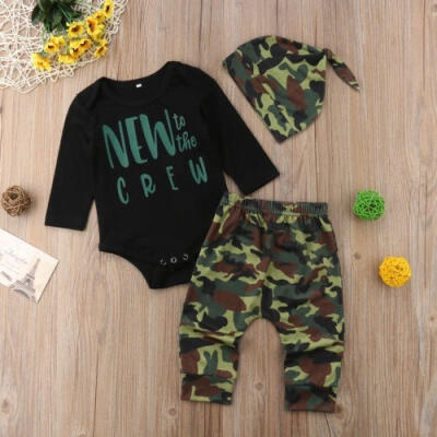 

3Pcs Newborn Baby Boys Outfits Long Sleeve Romper Tops Camo Pant Hat Clothes Set