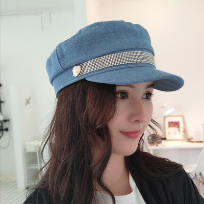 

Women Duckbill Cap Denim Jean Flat Top Short Brim Bling Bling Rhinestone Cool Casual Cowboy Hat