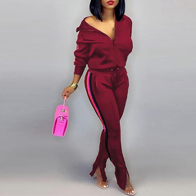 

Women Bomber Jacket Pants Set Zip Up Striped Side Slit Bottom Spring Sporty Casual Coat Trousers 2PCS
