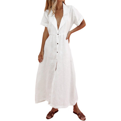 

Women High Waist Dress Loose Summer Short Sleeve Maxi Dress Cotton & Linen Casual Dress Shirt Dress