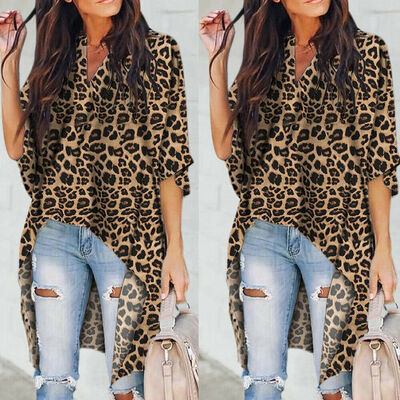 

Women V Neck Plus Size Leopard Print Long Sleeve Loose T Shirt OL Tops Blouse