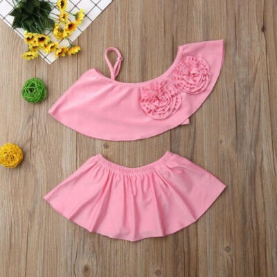 

Newborn Kids Girls Flower One Shoulder Bikini Set Tutu Swimwear Swimsuit Bathing Suit 2-7 Years