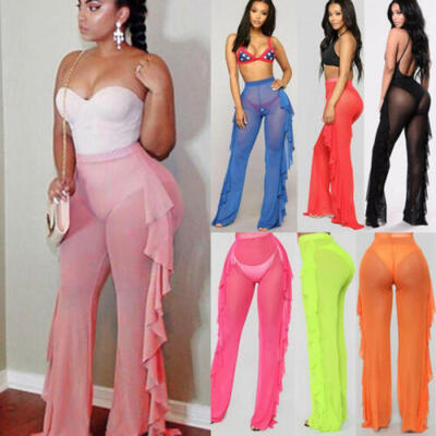 

US STOCK Women Beach Mesh Ruffle Sheer Wide Leg Pants Trousers Bikini Cover Up