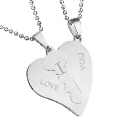 

2Pcs Women Girls Men Heart Key Pendant Necklace Sweater Chain Necklace Set Vintage Couple Puzzles