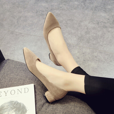 

Low heel work shoes female black shallow mouth pointed thick heel 3cm single shoes female professional velvet all black stewardess