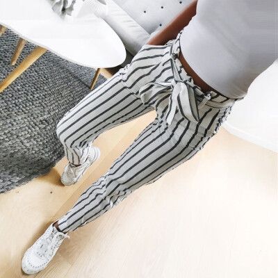 

Tailored Skinny Women Striped Long Jeans Tie High Waist Ladies Pants Trouser