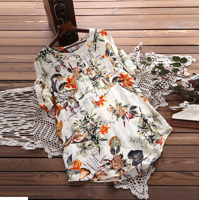 

Starmoon Women Casual Floral Print O-Neck Button Long Sleeve Linen Top T-Shirt Blouse
