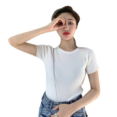 

T Shirt Women O Neck Solid Color Tshirt Summer Casual Short Sleeve Tops Korean Style Slim Knitted tee shirt femme