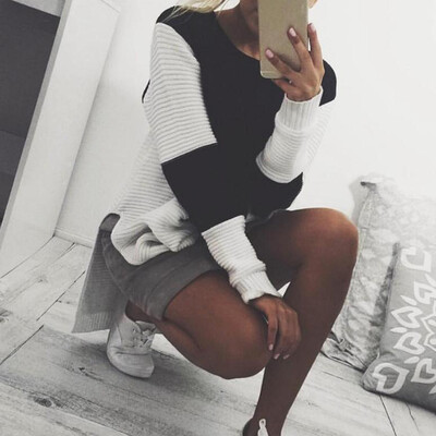 

Womens Casual Sweater Round Neck Hollow Split Loose Long Sleeve Knitwear Tops