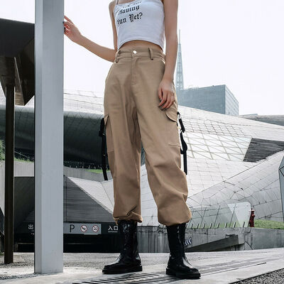 

Fashion Women High Waisted Cargo Trousers Pants Solid Punk Loose Long Sports