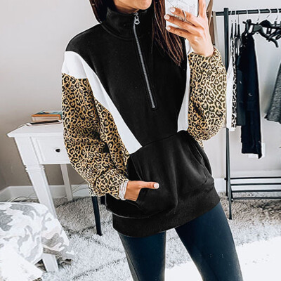 

Toponeto Women Fashion Stand Collar Zipper Pockets Leopard Print Outwear Pullover Tops