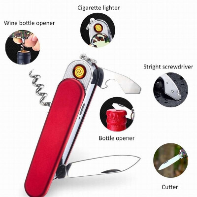 

Multi-function USB Lighter Windproof Flameless Cigarette Electronic Lighter Knife with Red Wine Beer Bottle Outdoor Traveling and