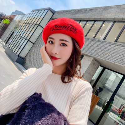 

Ms beret autumn&winter Korean embroidery Japanese British retro red bud hat plush painter hat wholesale