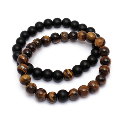 

8 mm Natural Matte Black Frosted Stone Tigers Eye White Pine Manual Flanging Bracelet 2-Piece Set