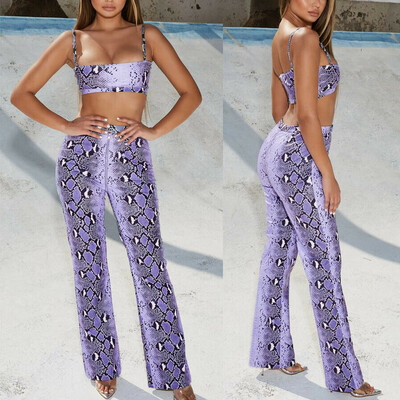 

Sexy Womens Ladies 2Pcs Snake Crop Tops Pants Co Ord Set Beach Party Suit Playsuit Jumpsuit Outfits