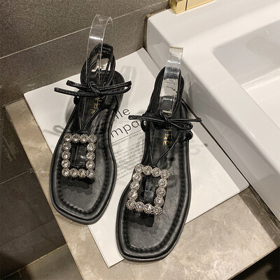 

Sandals fairies wind 2019 new Korean fashion Joker lace-up rhinestone flat shoes beach gladiator sandals