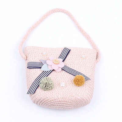 

Girls Hand Woven Bag Flower Bowknot Beads Handbag Rattan Straw Children Kids Bohemian Crossbody Bags Tote