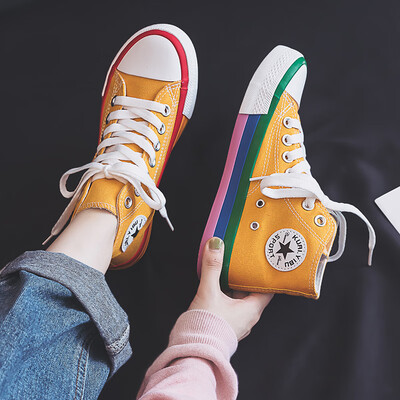 

The autumn 2019 new high canvas womens shoes Korean version of Joker Rainbow shoes autumn net red ultra-hot shoes tide shoes