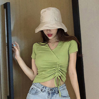 

Women Summer V-neck Solid Color Slim Short Sleeve Casual T-Shirt Simple Drawstring Wild Short Tops