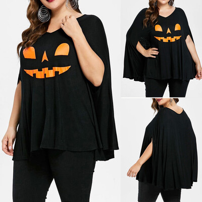 

Roseonmyhand Women Plus Size Halloween Batwing Sleeve Pumpkin Head Print Lamp Poncho T-shirt