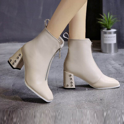 

Rose Fashion Mid-Heel Boots High Heels Solid Color Zipper Square Toe Women Shoes