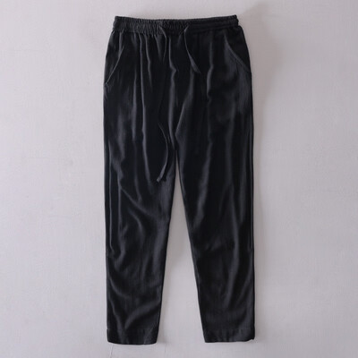

New summer linen Capris solid color casual tie rope cotton hemp slacks for men