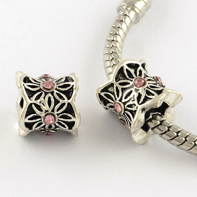 

Antique Silver Plated Alloy Rhinestone Large Hole European Beads Column with Flower Light Rose 9x10mm Hole 5mm
