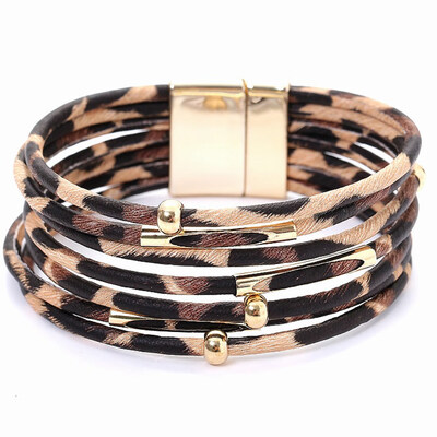 

Women Leopard BraceletsMetal Pipe Charm Multilayer Wide Leather