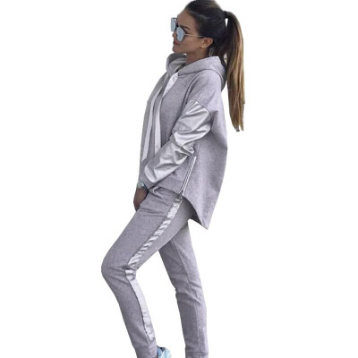 

Women Hoodies Sweatpants Set Drawstring Hooded Side Zipper Pocketed Long Sleeves Splicing Sporty Tracksuit Casual 2PCS