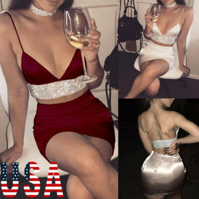 

Women 2 Piece Bodycon Two Piece Crop Top&Skirt Set Bandage Dress Party US