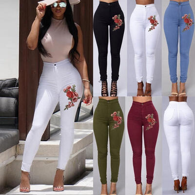 

2017 Women High Waist Pencil Pants Stretch Casual Floral Embroidery Skinny Jeans Trousers